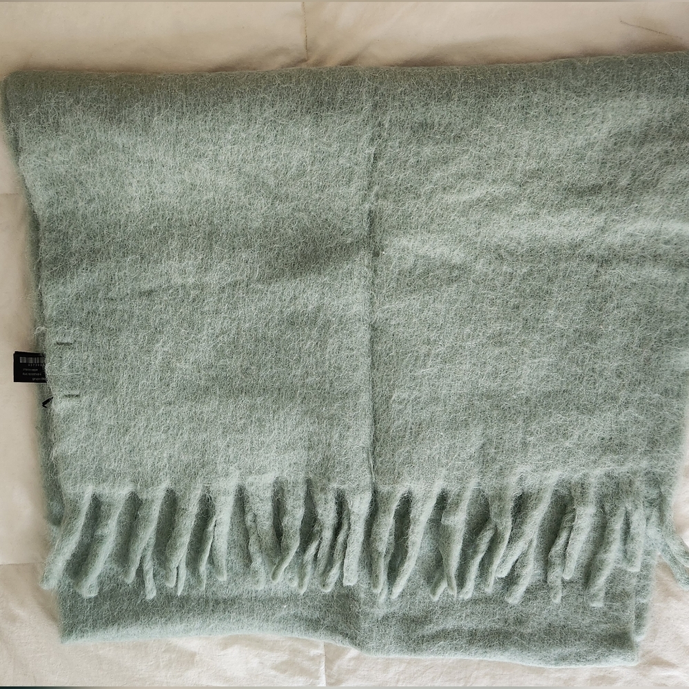 Zara Light Sage Green Fuzzy Fringe Scarf